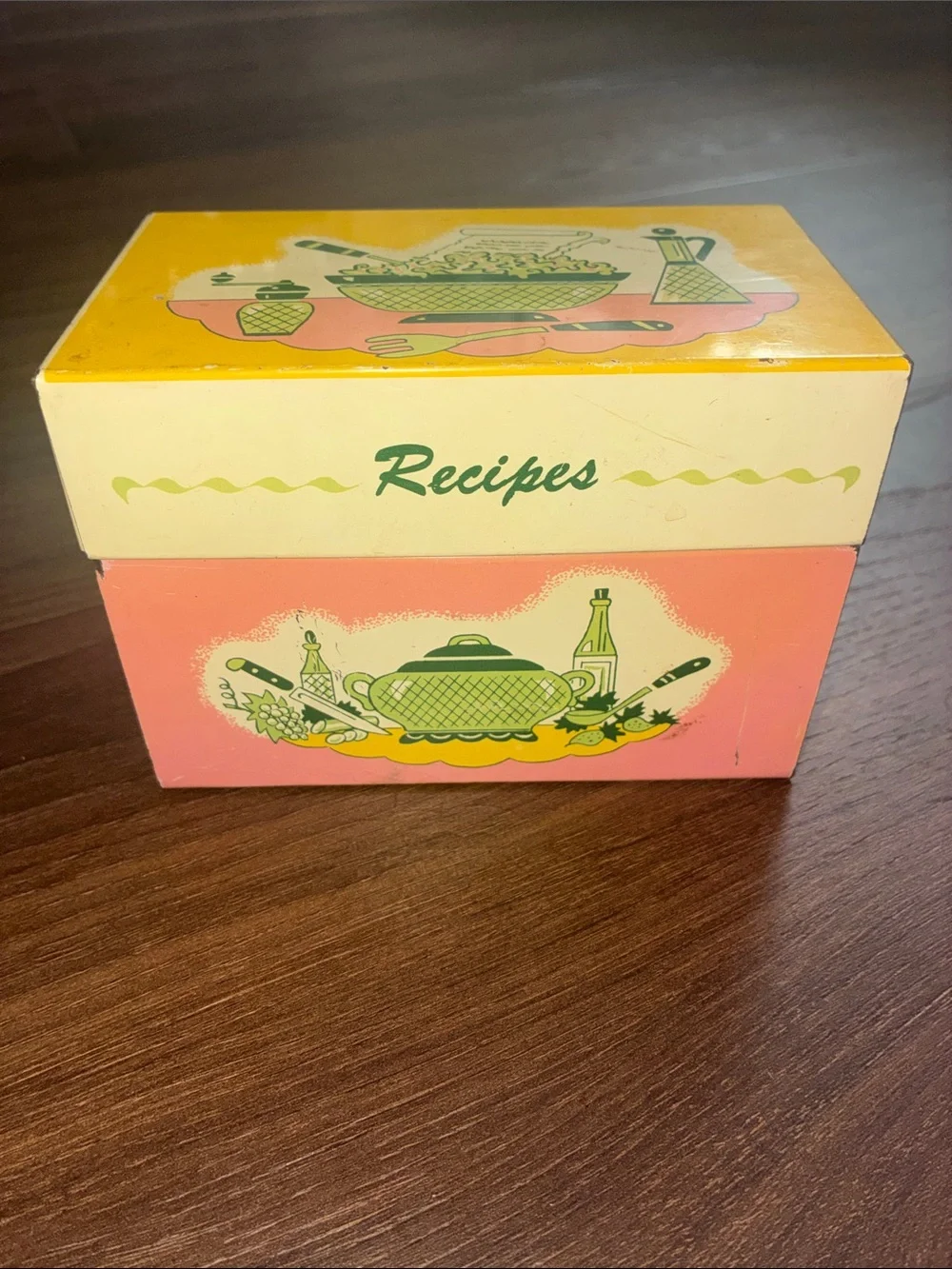 Vintage Recipes Tin Box Recipe Box Yellow Pink 50’s Retro VTG METAL OHIO ART USA